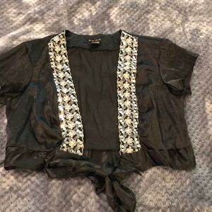 Black satin and silver sequin embellished shrug